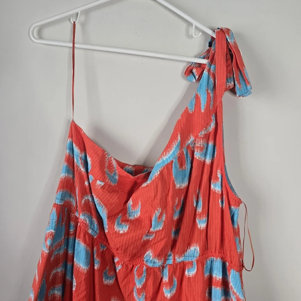 NWT Crown & Ivy One Shoulder Tie Maxi Sundress XL Orange Blue Ikat Print Pockets